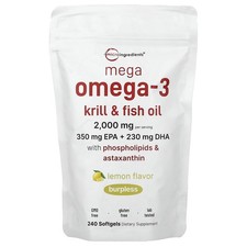 Mega Omega-3 Krill & Fish Oil With Phospholipids & Astaxanthin, Lemon, 240