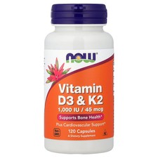 Now Foods Vitamin D-3  K-2 1 000 IU  45 mcg 120 Veg Capsules GMP Quality