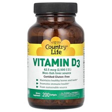 Country Life Vitamin D3 2500 I U  200 Softgels Gluten-Free, Milk-Free, No